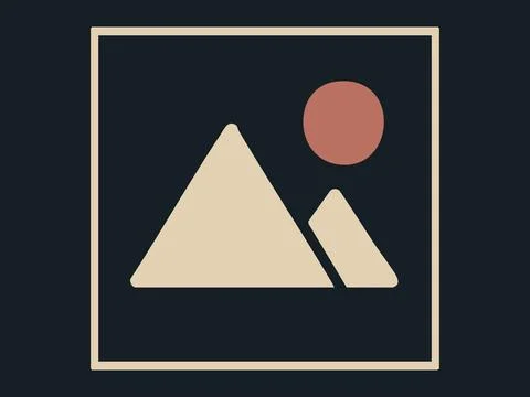 Flat minimal landscape icon with mountains and sun in square frame isolated on Stock Illustration