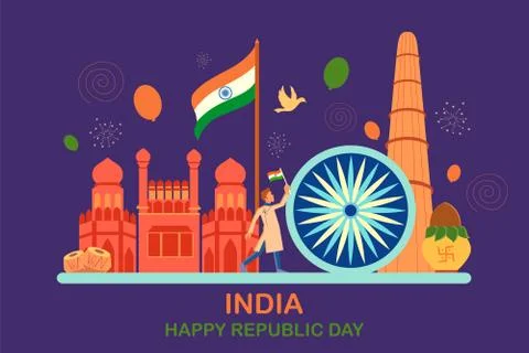Flat minimal simplistic background for 26 January Happy Republic Day of India Stock Illustration