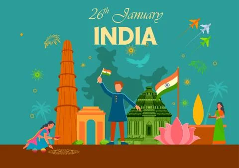 Flat minimal simplistic background for 26 January Happy Republic Day of India Stock Illustration