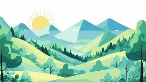 Flat Minimal Vector of Green Forest with Mountains and Rising Sun Stock-Illustration