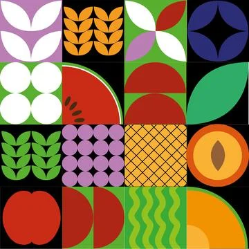Flat minimalist geometric fruit and leaf artwork poster Stock Illustration