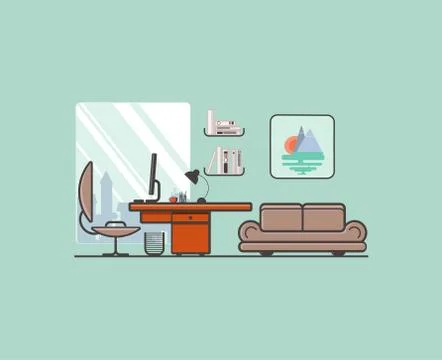 Flat minimalistic style. Creative office with laptop, desk, lamp, sofa Stock Illustration