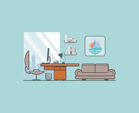 Flat minimalistic style. Creative office with laptop, desk, lamp Stock Illustration