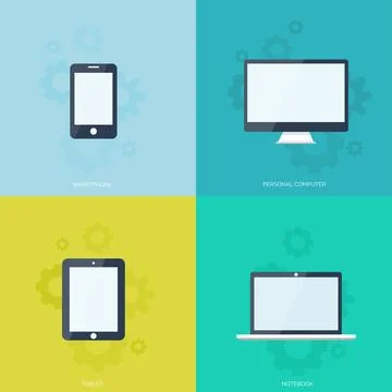 Flat mobile devices set. Computer, laptop, tablet and smartphone icon.Cloud Stock Illustration