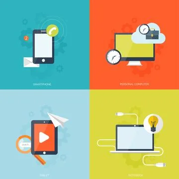 Flat mobile devices set. Computer, laptop, tablet and smartphone icon.Cloud Stock Illustration