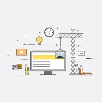 Flat mobile UI UX design web infographic concept vector. Crane creating Illustrazione stock