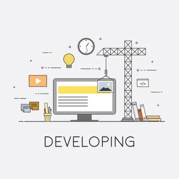 Flat mobile UI UX design web infographic concept vector. Crane creating Illustrazione stock