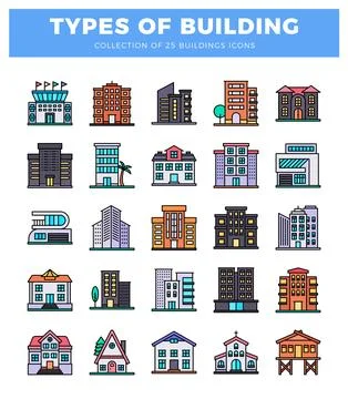 Flat modern building icons collection featuring various architectural style.. Ilustração Stock