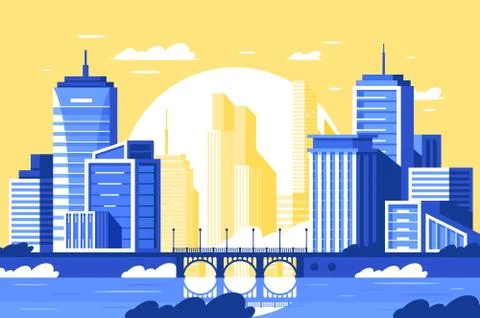 Flat modern city landscape with bridge, river, tower and sunset. Stock Illustration