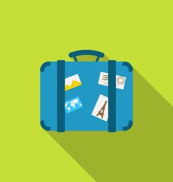 Flat modern icon of handle baggage with funky stickers and photoframes, lon.. Illustration