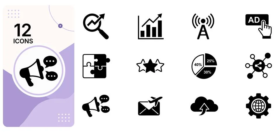 Flat modern icon set of twelve different symbols for marketing and business Stock Illustration