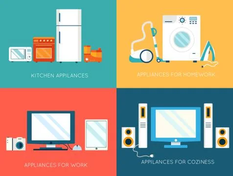 Flat modern kitchen appliances set icons concept. Vector illustr Stock Illustration