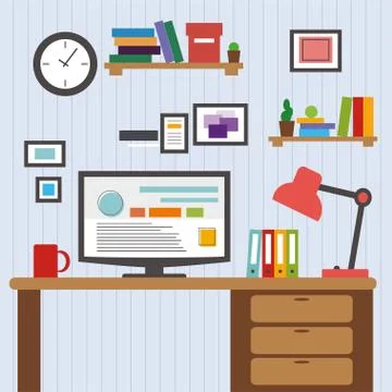 Flat of modern office interior designer desktop showing design application wi Stockillustratie