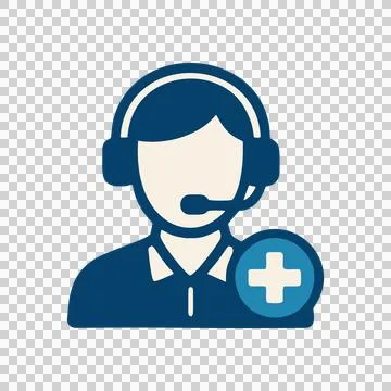 Flat Modern Person Wearing Headset with Microphone and Plus Sign Symbol Icon Stock Illustration