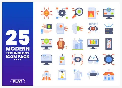Flat Modern Technology Icons on White Background Stock Illustration