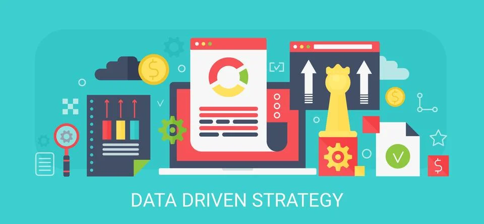 Flat modern vector concept Data Driven Strategy banner with icons and text. Stock Illustration