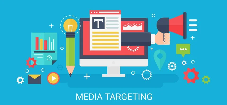 Flat modern vector concept Media targeting banner with icons and text. Stock Illustration