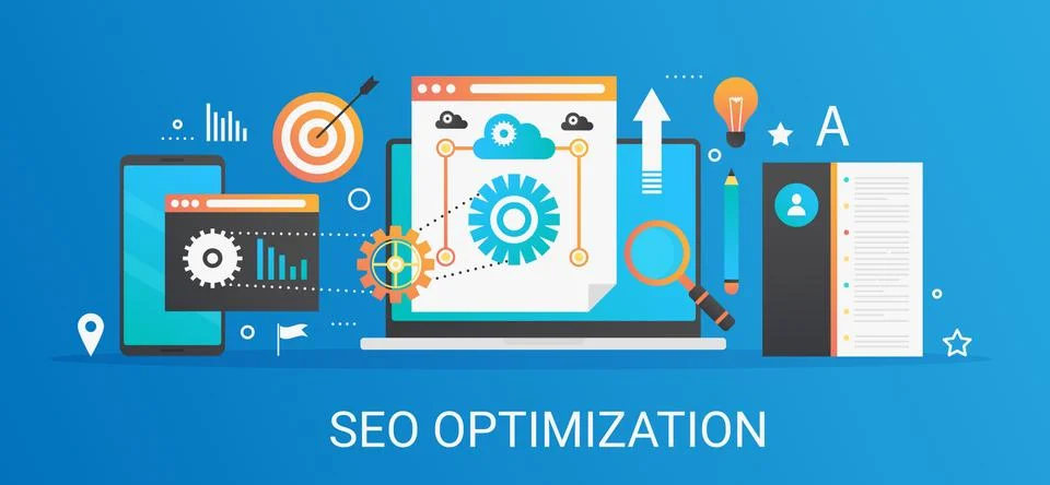 Flat modern vector concept Seo optimization and analytics banner with icons and Stockillustratie