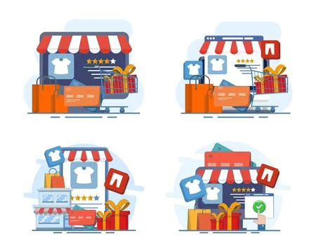Flat modern vector illustration set of online shopping, e-commerce websites. Stock Illustration