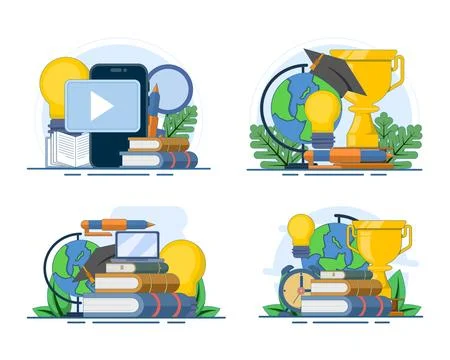 Flat modern vector illustration set of online education, e-learning courses. Stock Illustration