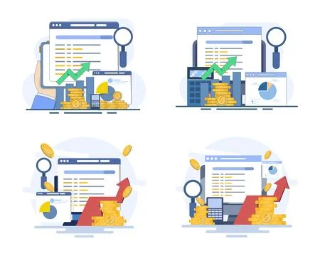 Flat modern vector illustration set of search engine marketing, data analysis. Stock Illustration