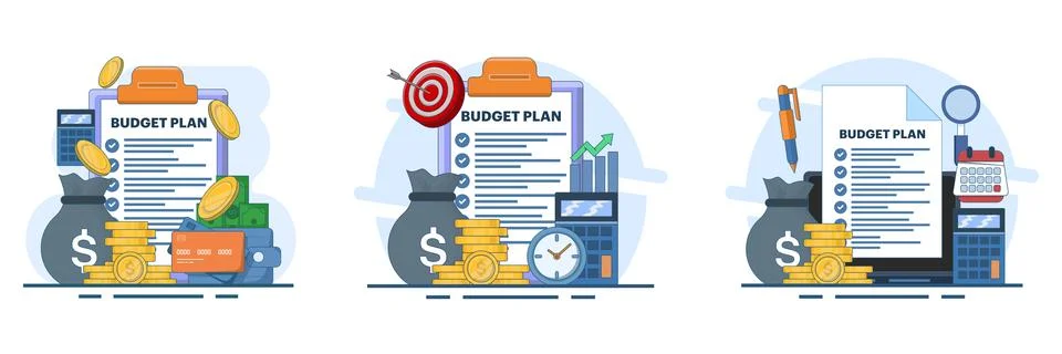 Flat modern vector illustration set of business budgeting, financial analysis. Stock Illustration