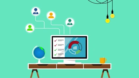 Flat modern workspace animation with computer on desk showing charts, globe.. Stock Footage 334762521