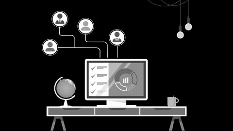 Flat modern workspace animation with computer on desk showing charts, globe.. Stock Footage 334762525