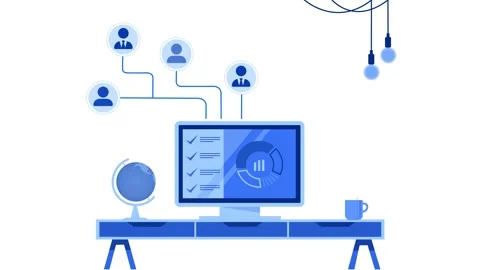 Flat modern workspace animation with computer on desk showing charts, globe.. Stock Footage 334762534