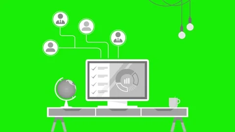 Flat modern workspace animation with computer on desk showing charts, globe.. Stock Footage 334762540