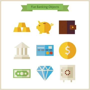 Flat Money and Banking Objects Set Stock Illustration