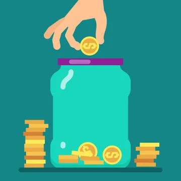 Flat money saving concept with golden coins and jar vector illustration Stock Illustration