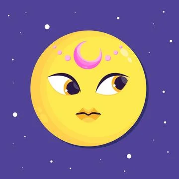 Flat moon character with a crescent diadem. Cartoon moon. Vector illustration Stock Illustration