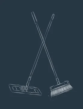 Flat mop and broom blue Stock Illustration