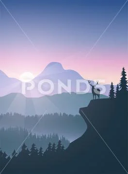 Flat Morning scenery with a deer on top of cliff with forest, mountain  backgr Illustration #204767328