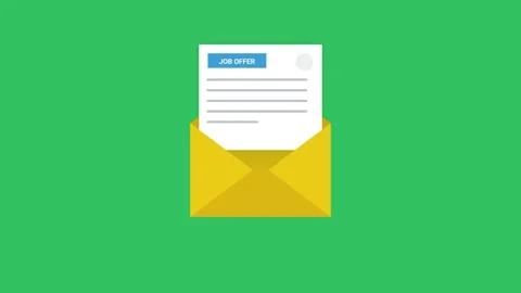 Flat Motion Animation of a Job Offer Letter Opening from Yellow Envelope Stockbeeldmateriaal 346865284