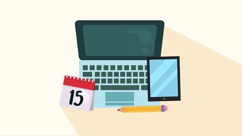 Flat motion design illustration showing laptop tablet calendar and pencil o.. Video stock 338994902
