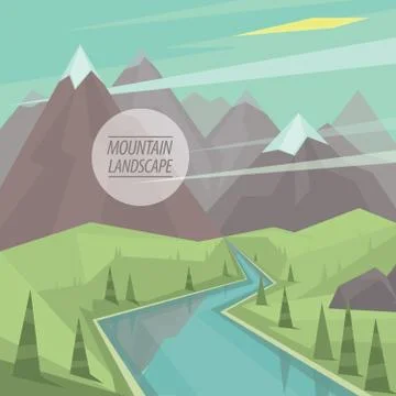 Flat mountain landscape with valley, river and trees Stock Illustration