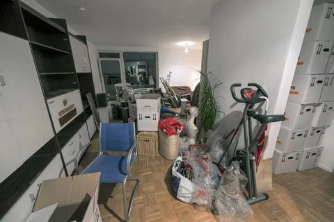 Flat move chaos with boxes and furniture new flat Kempten Bavaria Germany Europe Stock Photos
