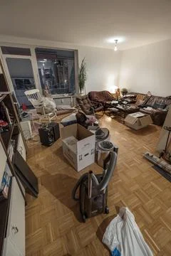Flat move chaos with boxes and furniture new flat Kempten Bavaria Germany Europe Stock Photos