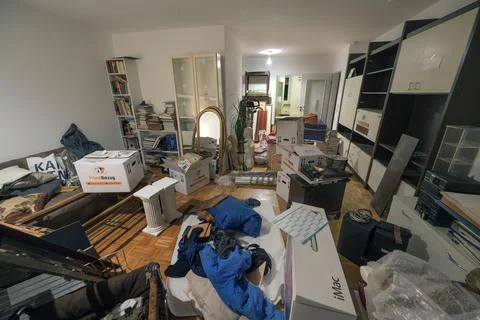 Flat move chaos with boxes and furniture new flat Kempten Bavaria Germany Europe Stock Photos