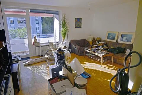 Flat move chaos with boxes and furniture new flat Kempten Bavaria Germany Europe Stock Photos