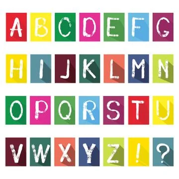 Flat multicolored sketch lettering design, alphabet icons with long shadow, c Stock Illustration