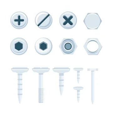 Flat nails caps. Bolt heads top view. Metal screws, nuts. Construction steel Stock Illustration