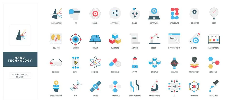 Flat Nanotechnology Science Icons Collection Set Stock Illustration