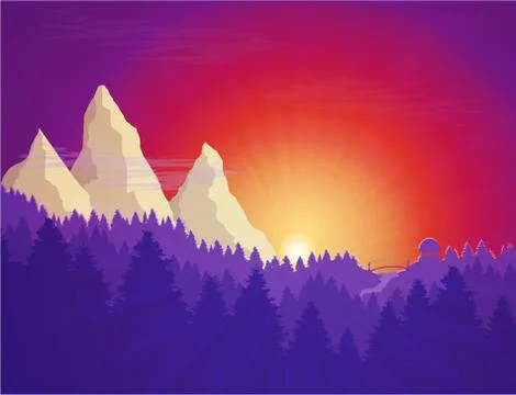 Flat nature forest landscape, with sunset, mountains for card or travel story Stock Illustration