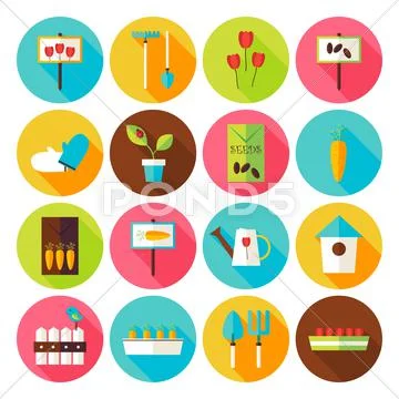 Flat Nature Garden Circle Icons Set with long Shadow Stock Illustration