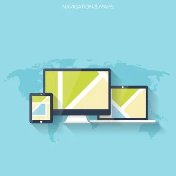 Flat navigation background with maps and digital devices. Travel concept. Stock Illustration