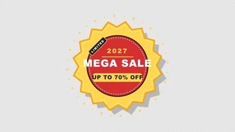 Flat New Year 2027 Mega Sale Sunburst Label with Gold Dotted Ring Pulsing on 库存影片 347665136