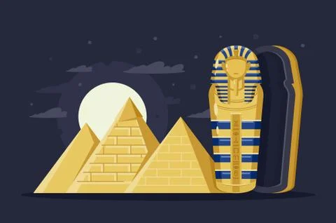 Flat night ancient Egypt with pyramids, moon and Pharaoh s sarcophagus. Illustrazione stock